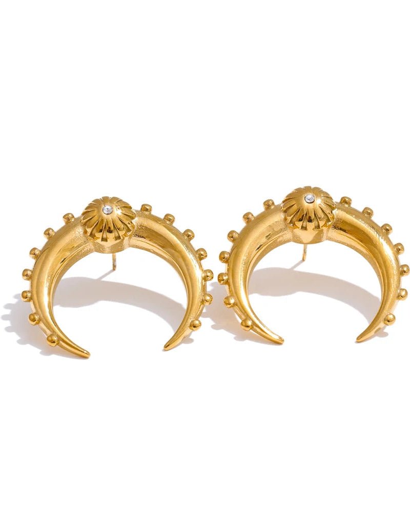 Gold Crescent Moon Earrings on white background