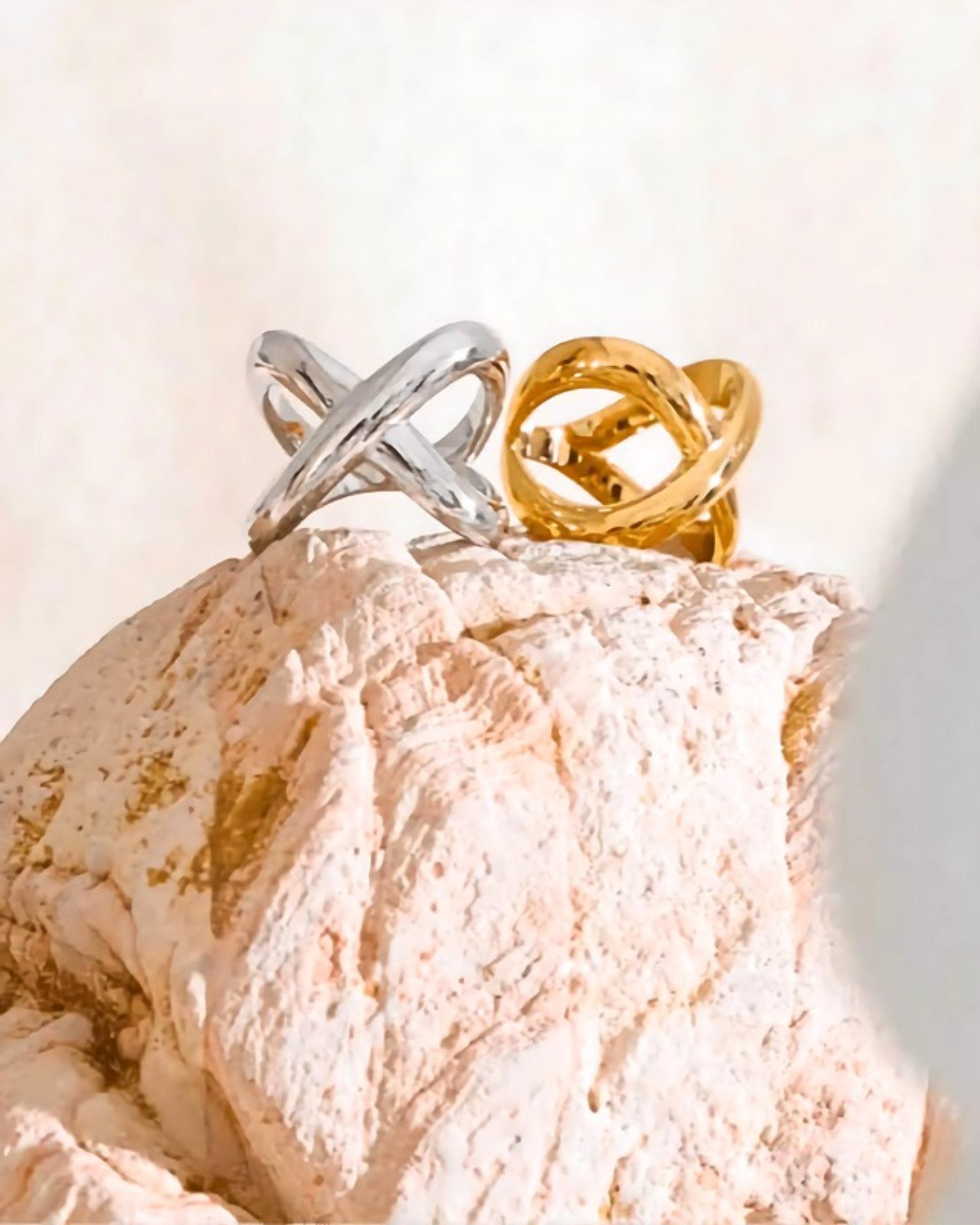 Gold and Silver Geometric Crossover Statement Ring, on limestone display 1