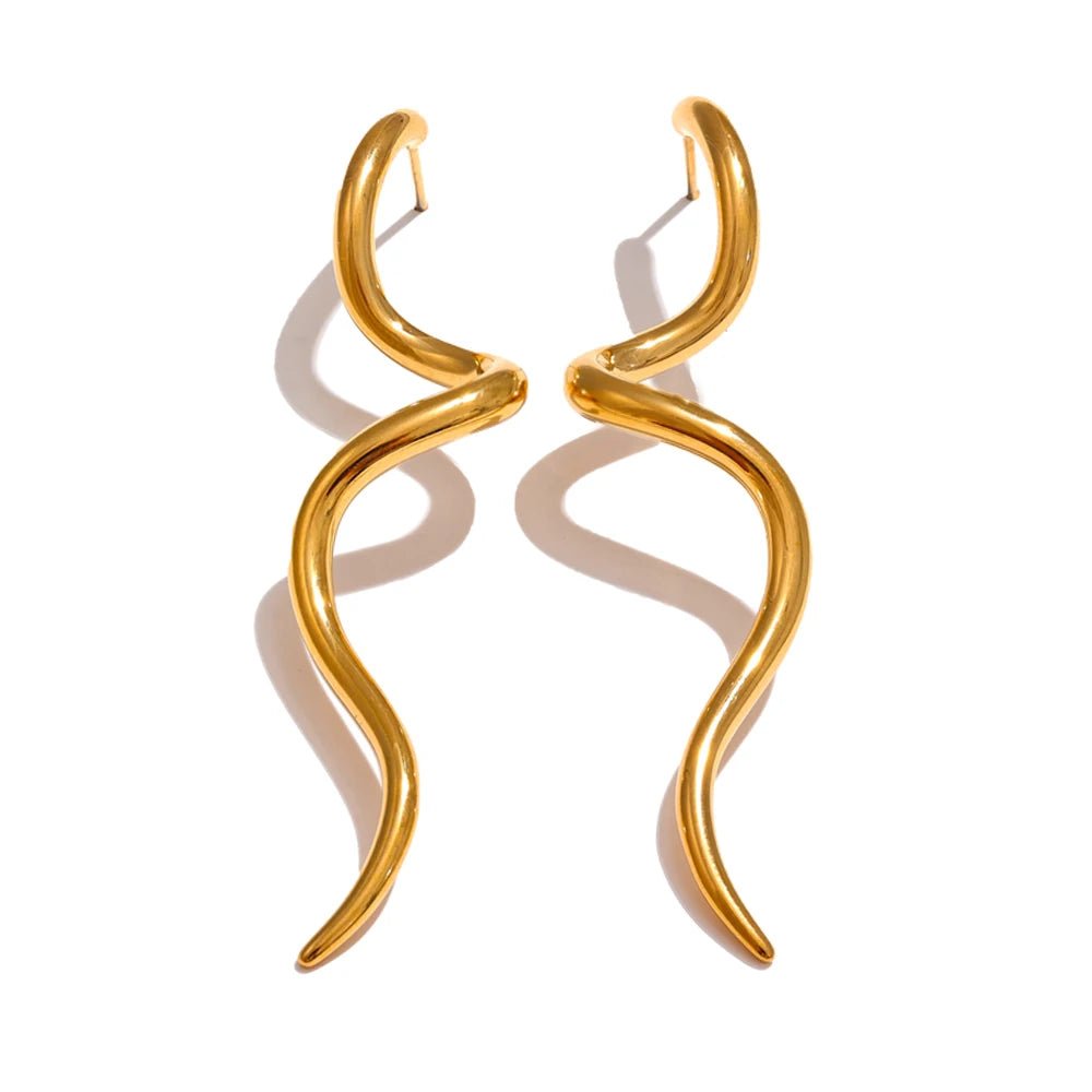 Gold Abstract Serpentine Drop Earrings, on white background