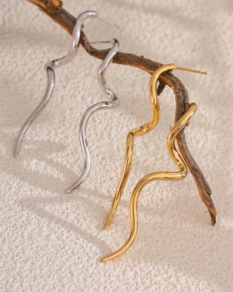 Gold and Silver Abstract Serpentine Drop Earrings, on display 2