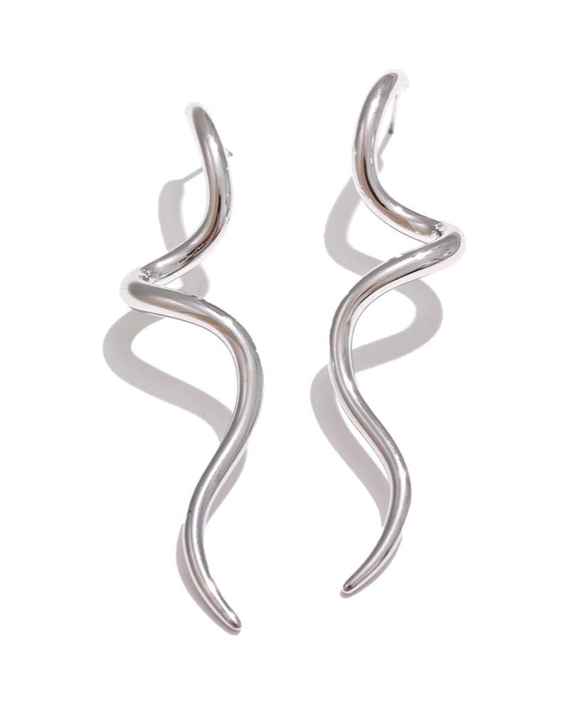 Silver Abstract Serpentine Drop Earrings, on white background