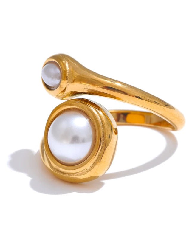 Gold Asymmetrical Bypass Pearl Ring, on white background 2