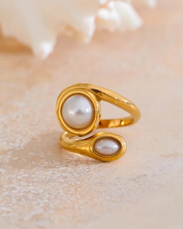 Gold Asymmetrical Bypass Pearl Ring, on display