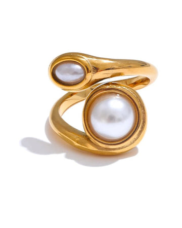 Gold Asymmetrical Bypass Pearl Ring, on white background 1