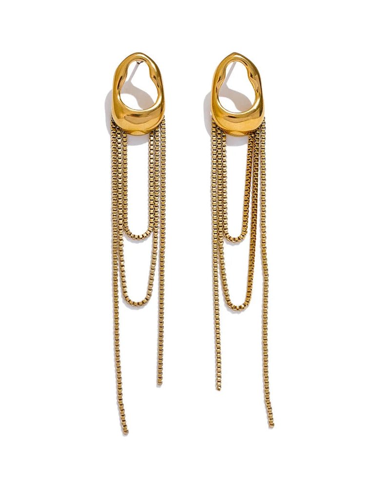 Gold Asymmetrical Chain Tassel Earrings against white background