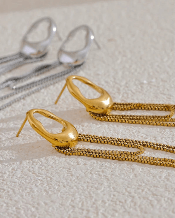 Gold and Silver Asymmetrical Chain Tassel Earrings, side close up