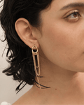 Young woman modeling Gold Asymmetrical Chain Tassel Earrings, close up 2