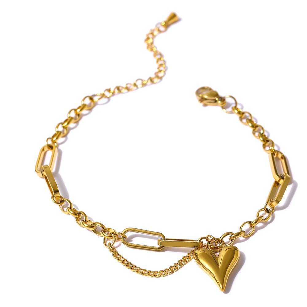 Gold Asymmetrical Heart Charm Bracelet on white background