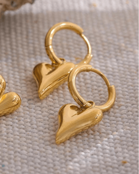 Gold Asymmetrical Heart Charm Huggies, display 3