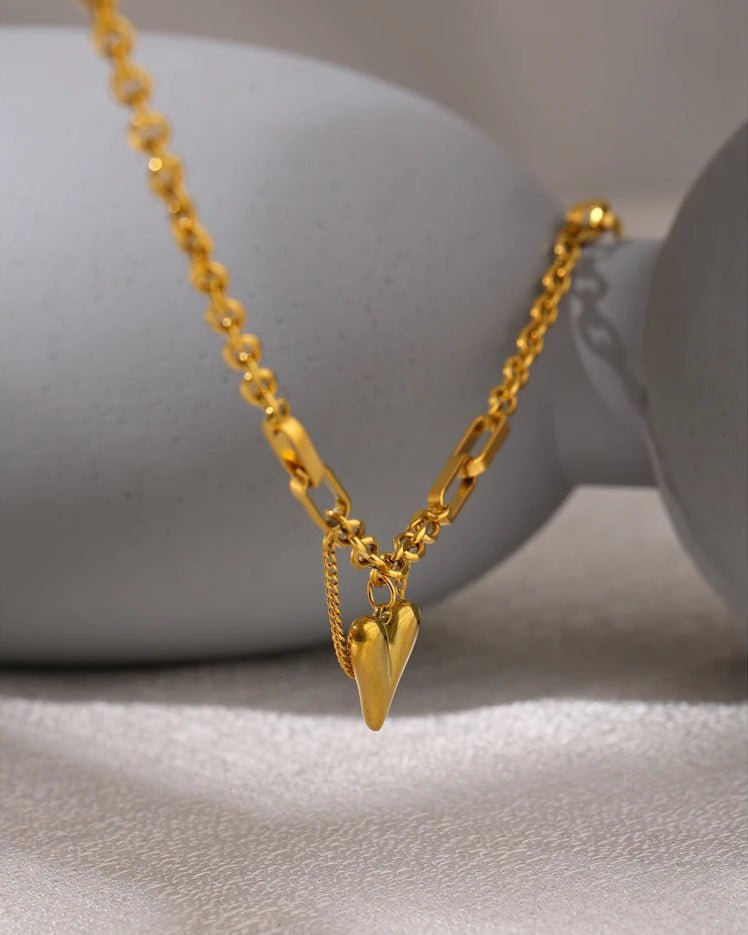 Gold Asymmetrical Heart Charm Necklace, on grey display 4