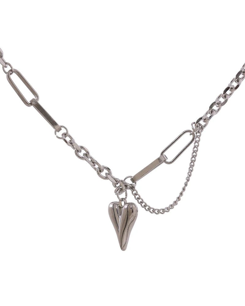 Silver Asymmetrical Heart Charm Necklace, on white background