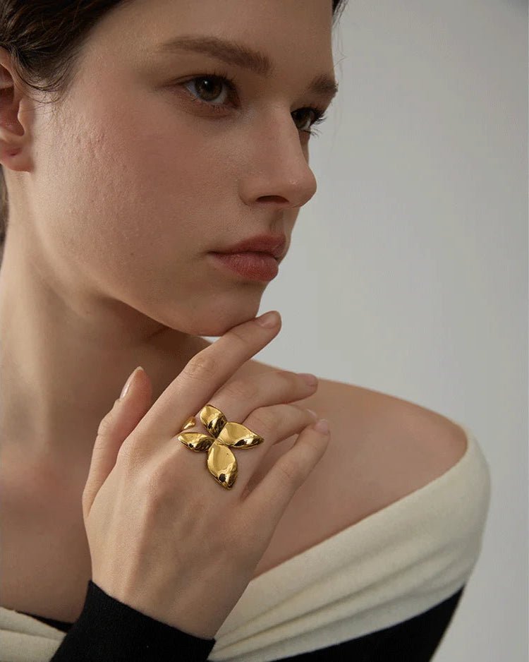 Gold Butterfly Silhouette Statement Ring, on white background