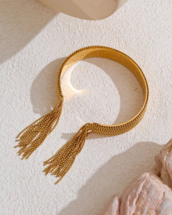 Gold Cascading Ball Chain Cuff Bracelet, on display 4