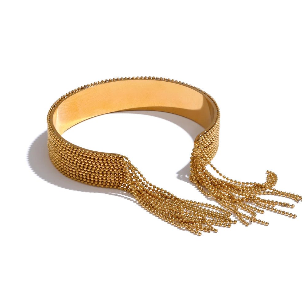 Gold Cascading Ball Chain Cuff Bracelet, on white background