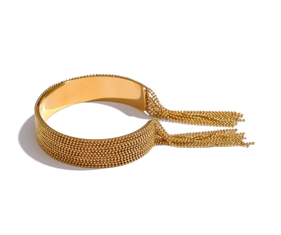 Gold Cascading Ball Chain Cuff Bracelet, on white background 3