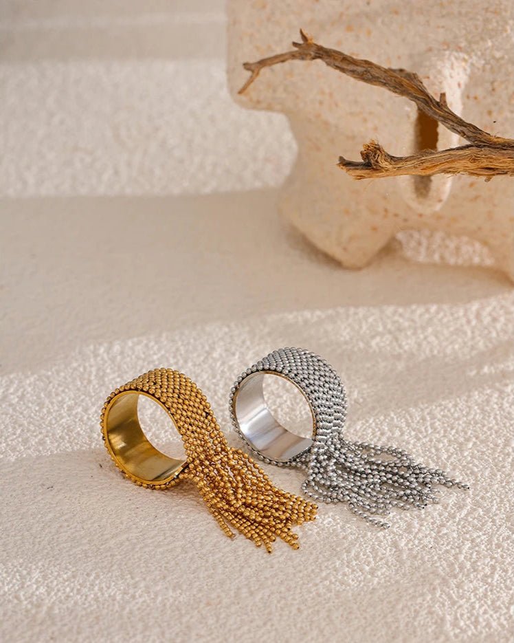 Gold and Silver Cascading Ball Chain Rings, on display 3