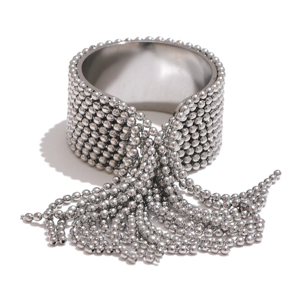 Silver Cascading Ball Chain Ring, on white background