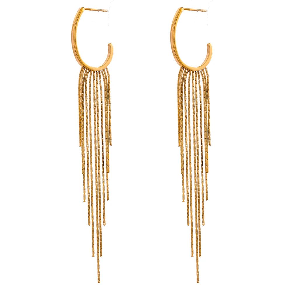 Gold Cascading Tassel Hoop Earrings, on white background