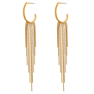 Gold Cascading Tassel Hoop Earrings, on white background