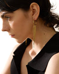 Elegant young woman models Gold Cascading Tassel Hoop Earrings, right side