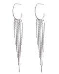 Silver Cascading Tassel Hoop Earrings, on white background