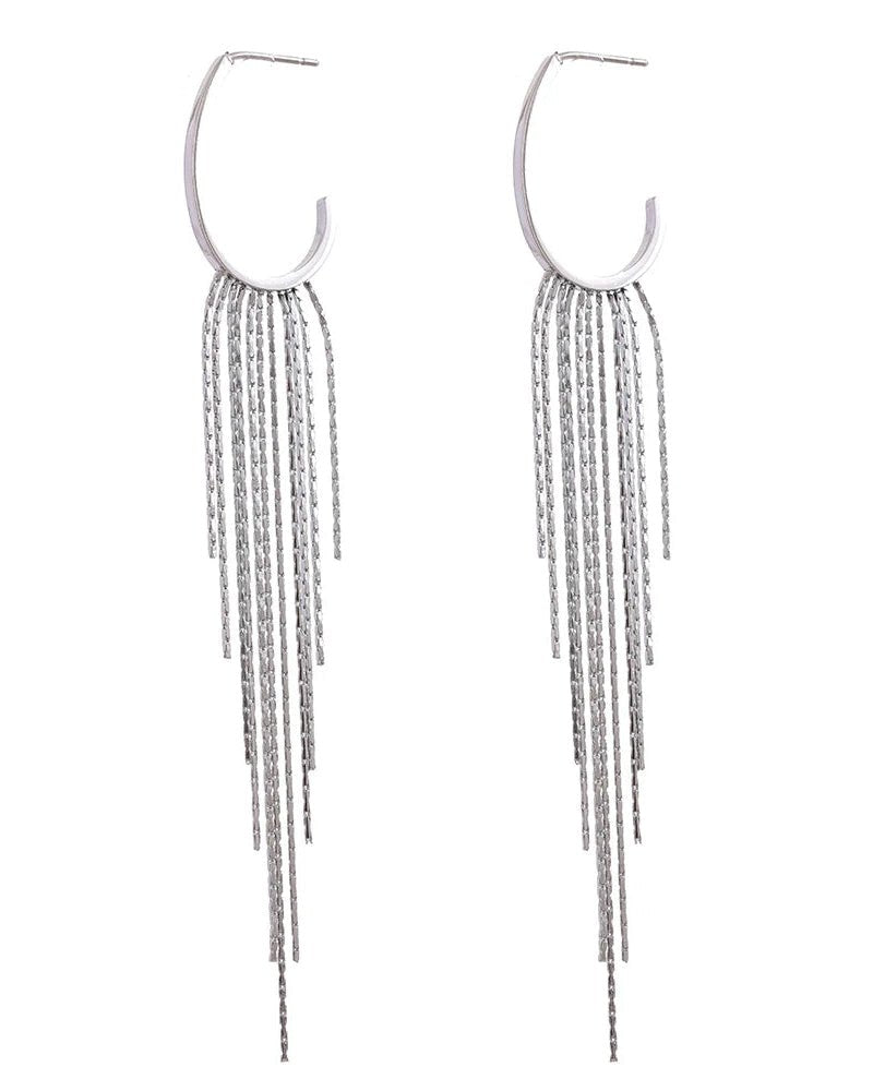 Silver Cascading Tassel Hoop Earrings, on white background