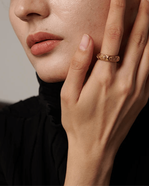 Gold Celestial Band Ring, on white background