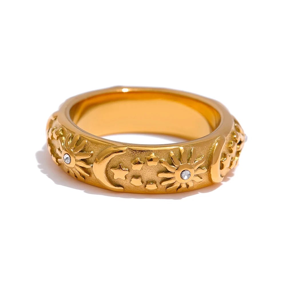 Gold Celestial Band Ring, on white background