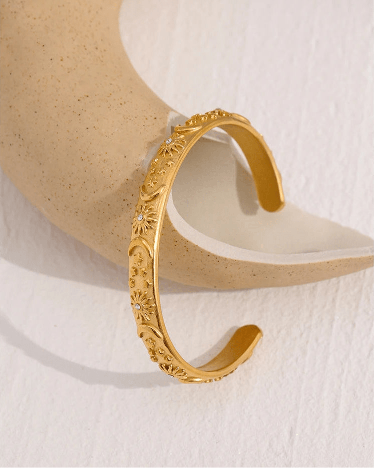 Gold Celestial Open Bangle - bracelet, on display 2