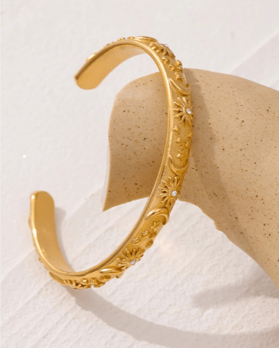 Gold Celestial Open Bangle - bracelet, on display 4