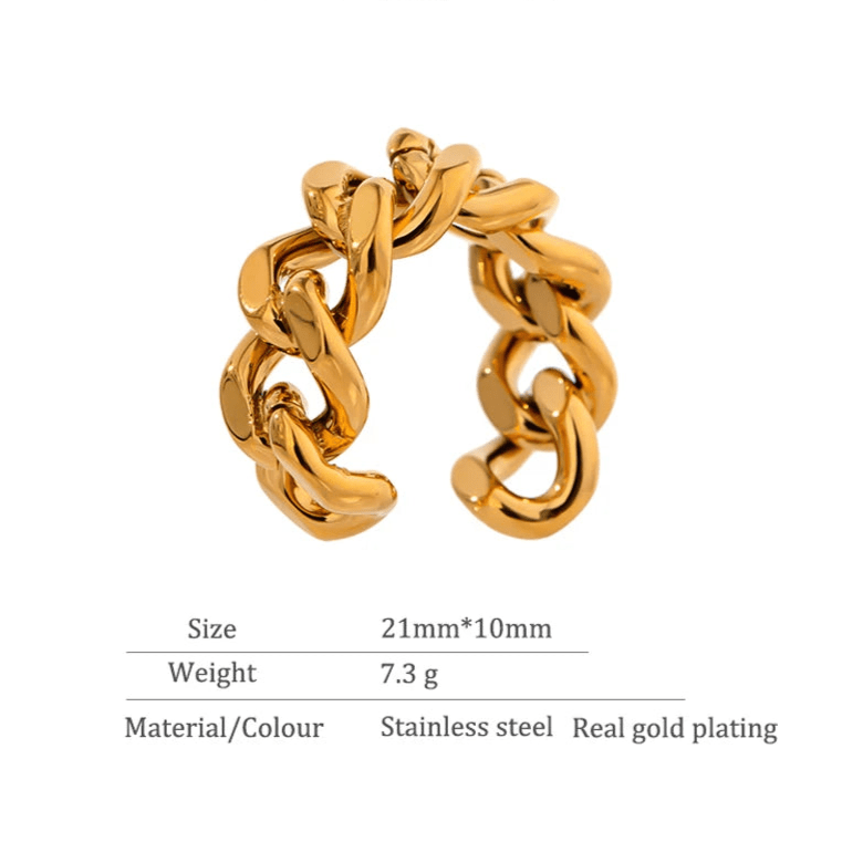 Gold Chain Link Adjustable Ring, dimension chart