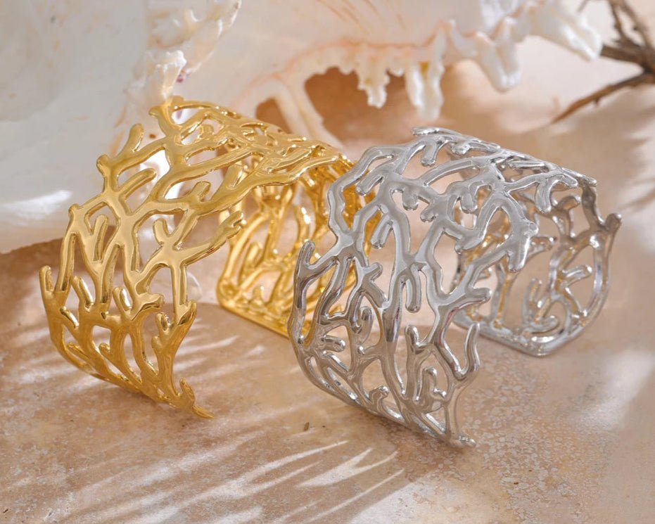 Gold and Silver Coral Motif Statement Cuff, on display angle 2