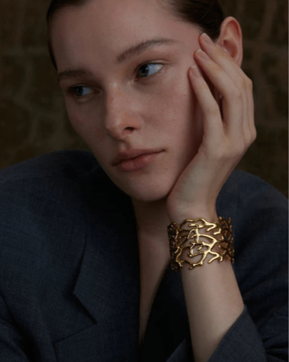 Gold Coral Motif Statement Cuff, on white background