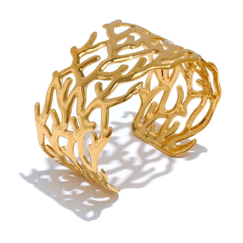 Gold Coral Motif Statement Cuff, on white background