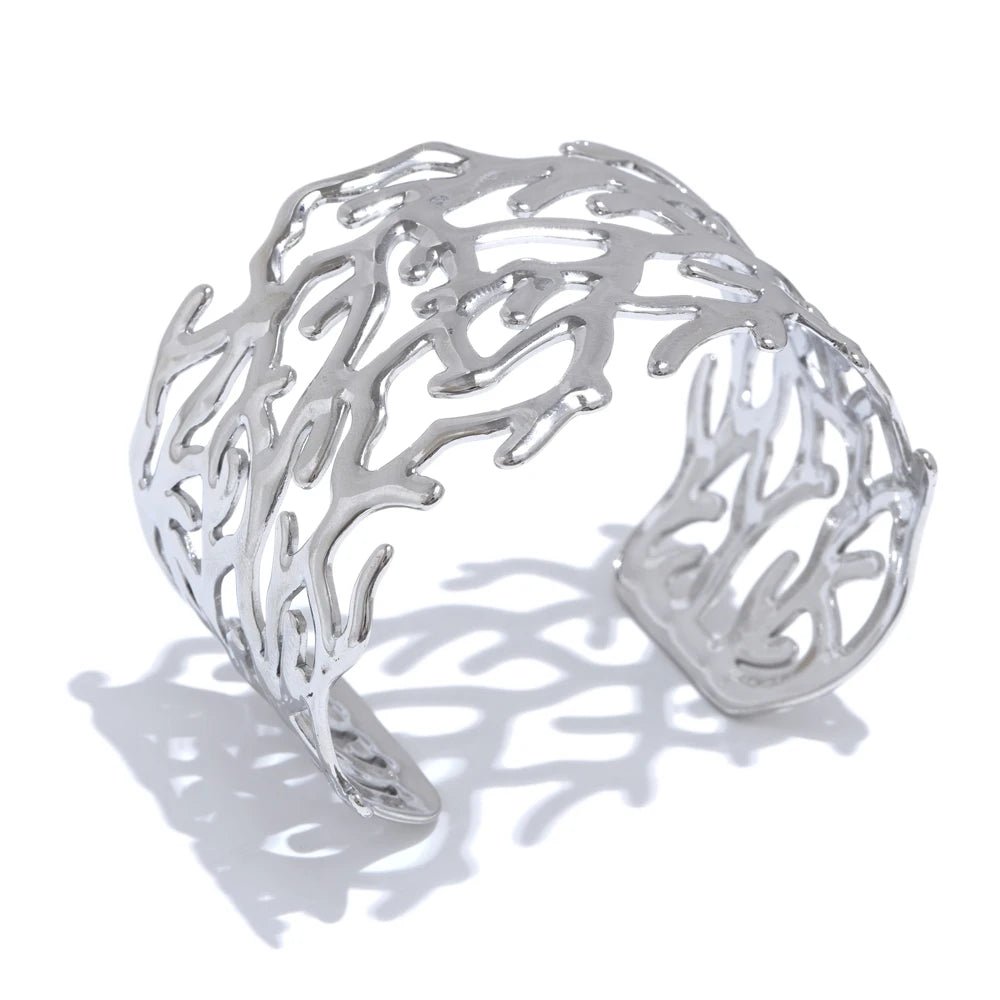 Silver Coral Motif Statement Cuff, on white background