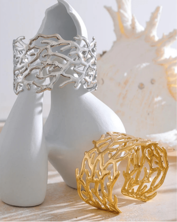 Gold and Silver Coral Motif Statement Cuff, on display angle 1