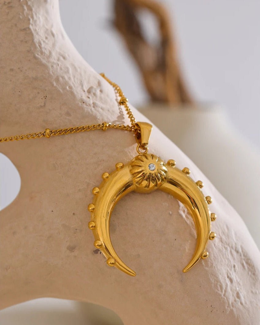 Gold Crescent Moon Pendant Necklace, on display 1