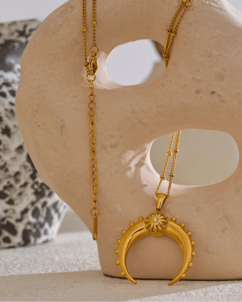 Gold Crescent Moon Pendant Necklace, on display 2