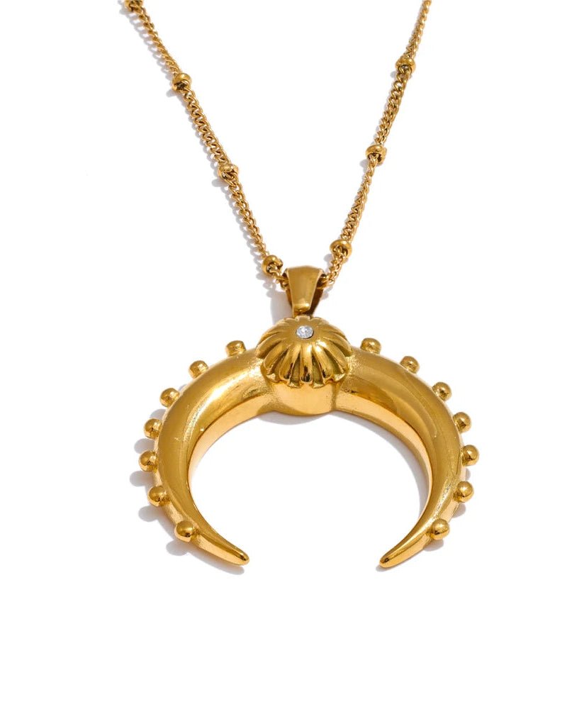 Gold Crescent Moon Pendant Necklace, on white background