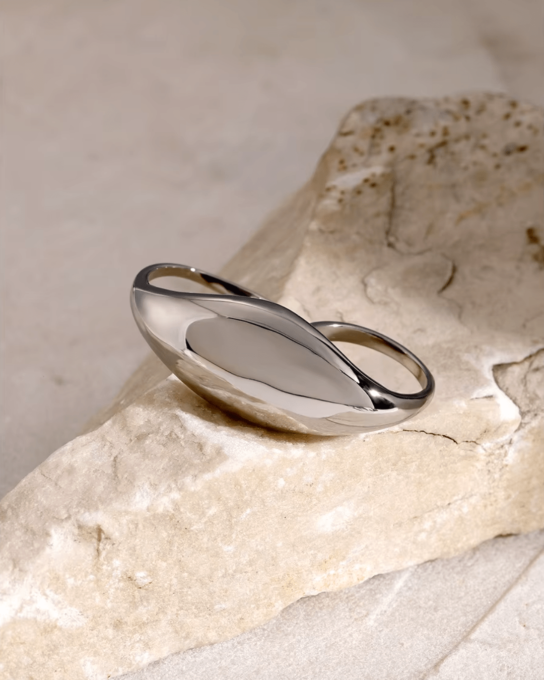 Silver Dome Statement Double Ring, displayed on limestone 2