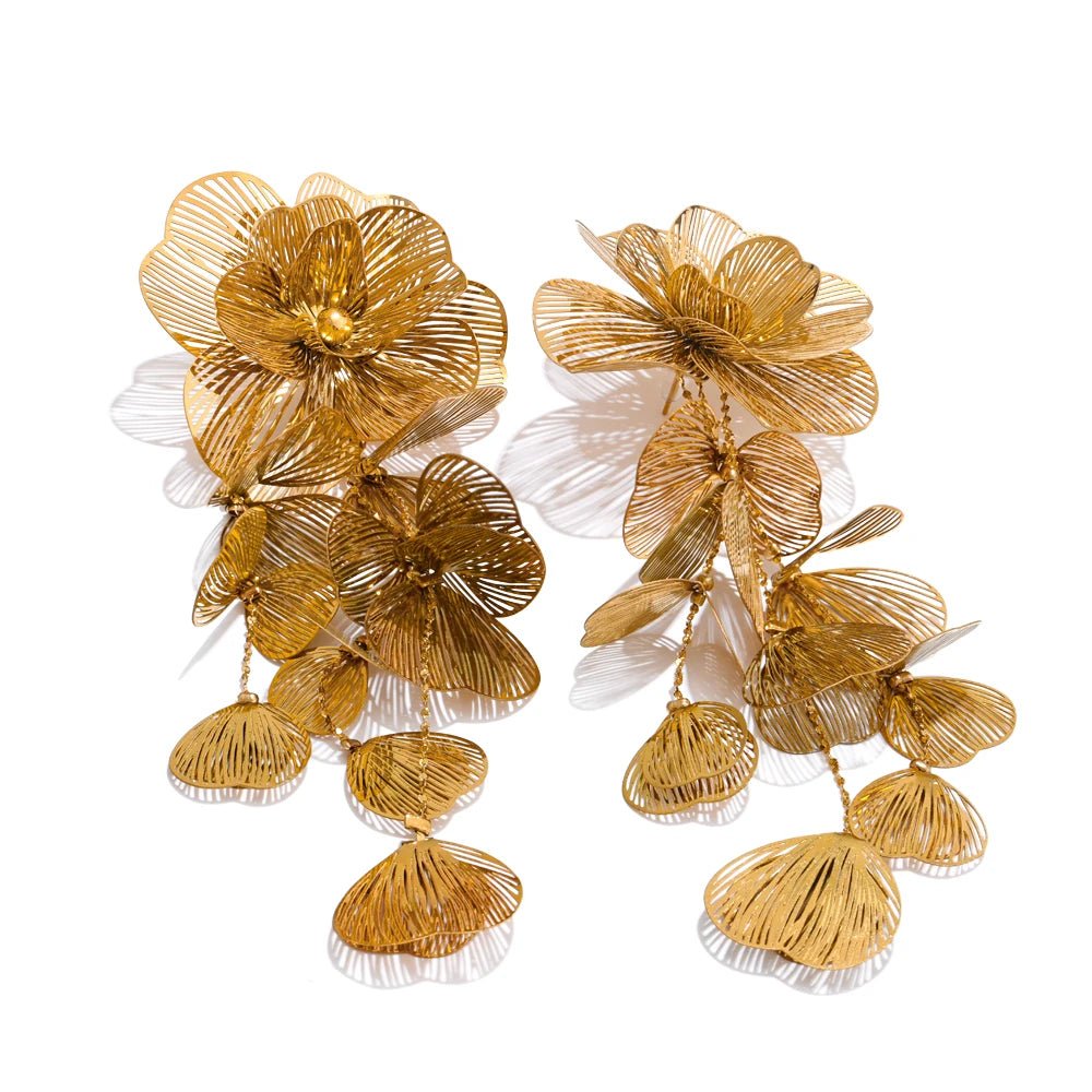 Gold Flower Motif Statement Earrings, on white background