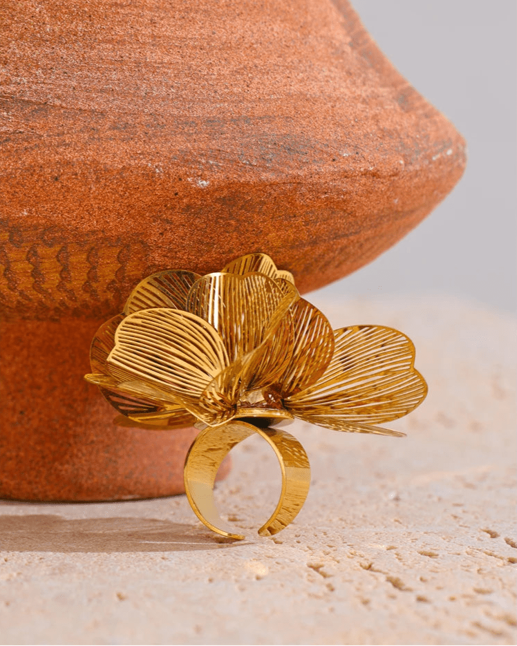 Gold Flower Motif Statement Ring, on display