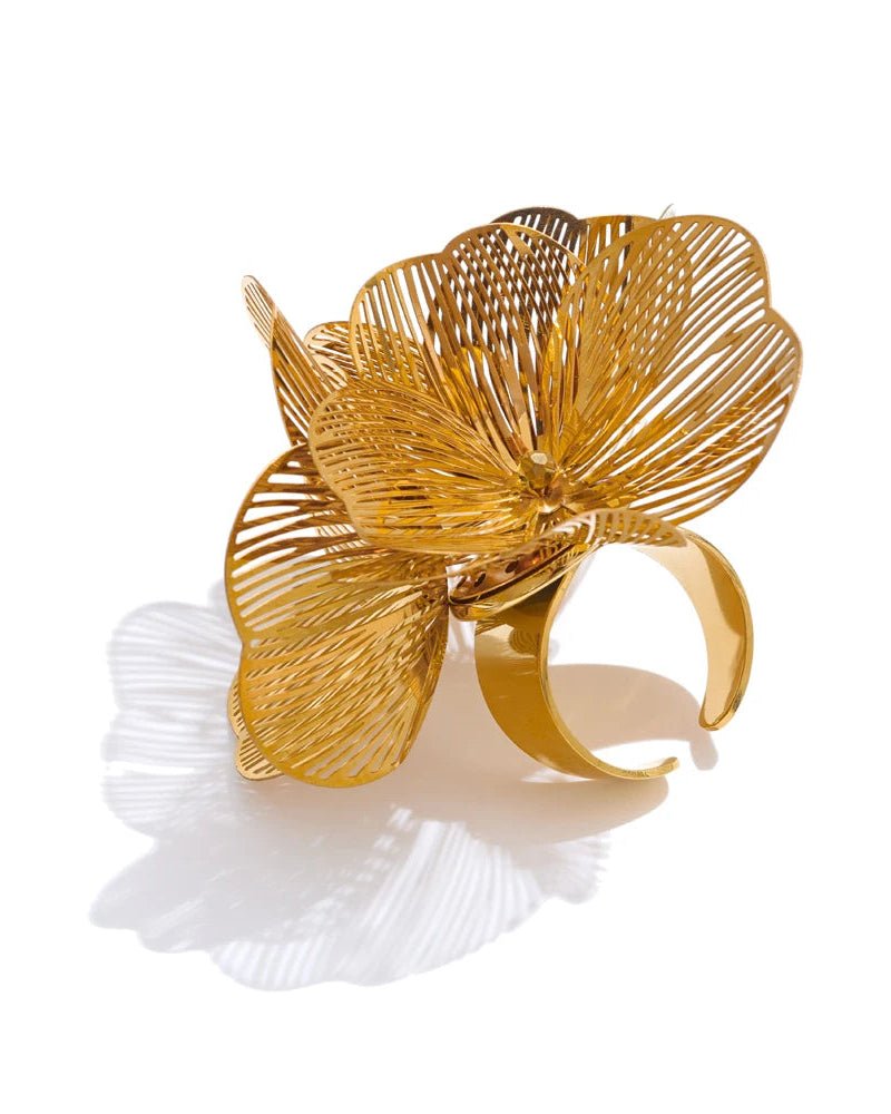 Gold Flower Motif Statement Ring, on white background