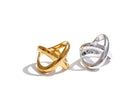 Gold and Silver Geometric Crossover Statement Ring, on white background