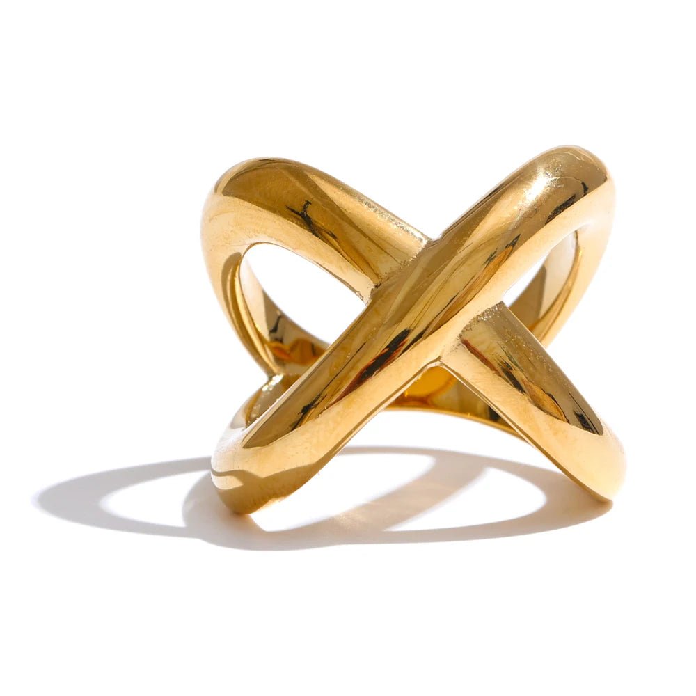 Gold Geometric Crossover Statement Ring, on white background