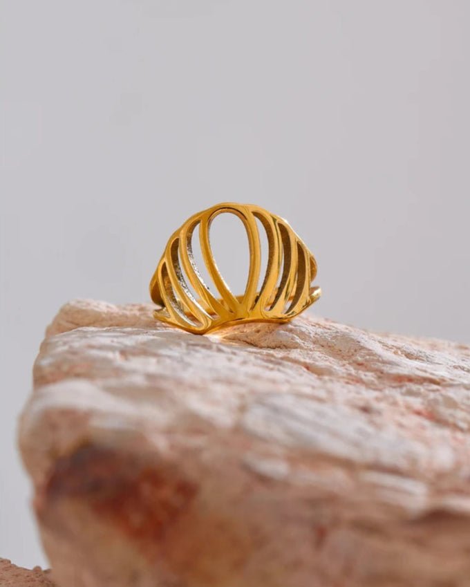 Gold Geometric Crown Silhouette Ring, on display 1