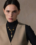 Young elegant model wears Lariat Multi-Colored Charm Necklace, front