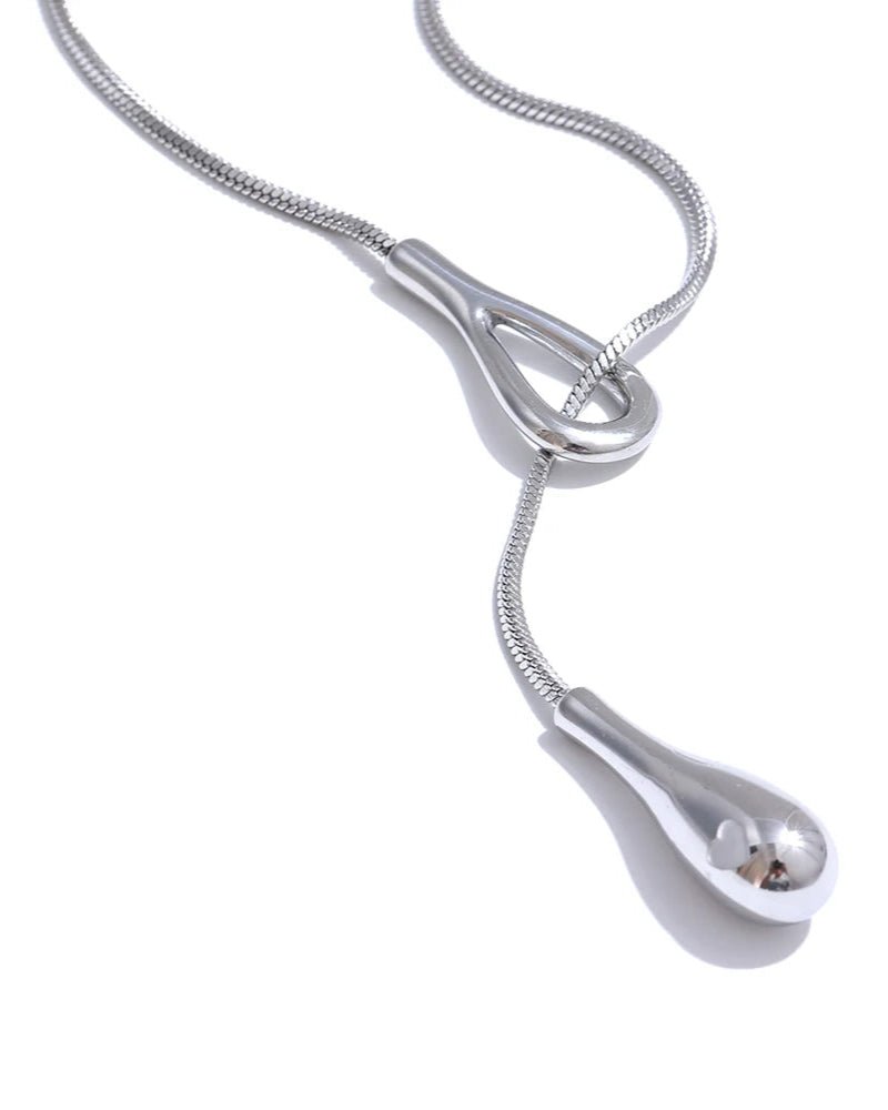 Silver Lariat Teardrop Rope Necklace, on white background